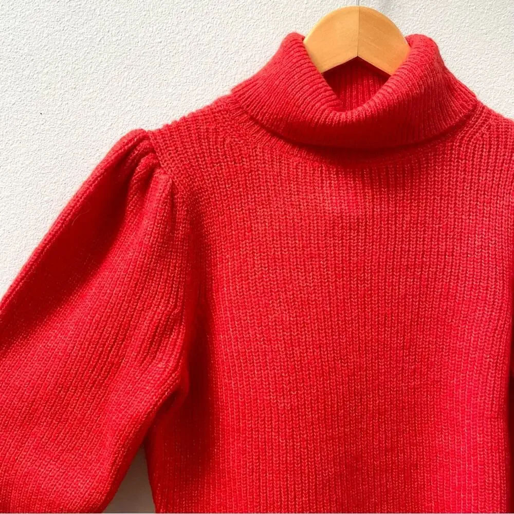 J. Crew Cropped Puff-Sleeve Turtleneck Sweater Persimmon Poppy Womens Small $118